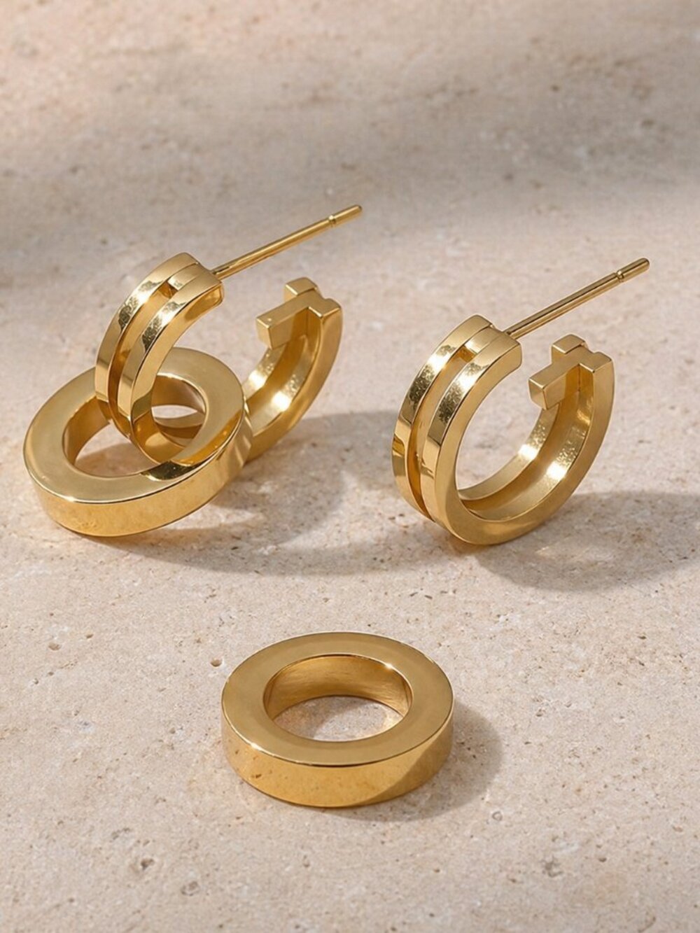 18K Yellow Gold Plated Stainless Steel Old Money Double Hoop Huggie Earrings 1in